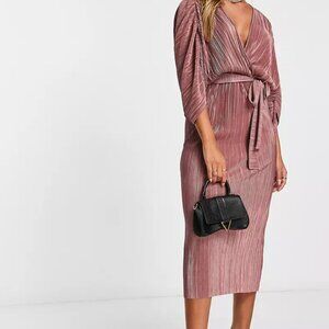 Plisse Midi Wrap Dress with Belt in Rose